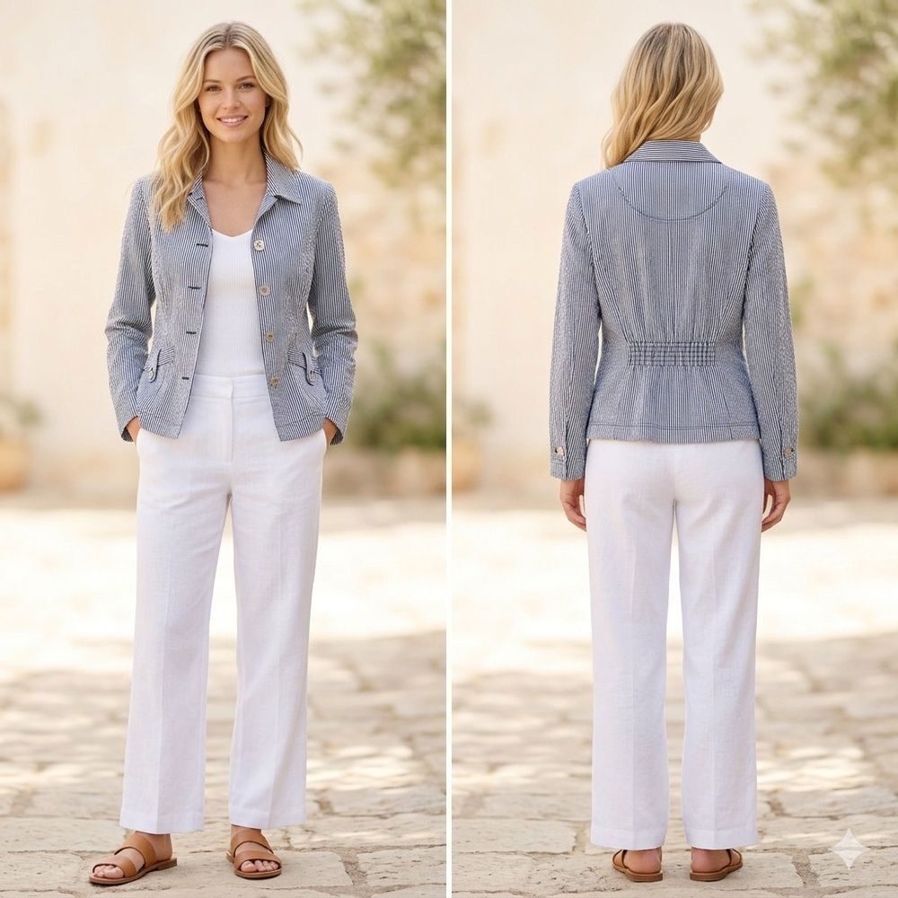 Charter Club Woman’s Classic Seersucker Striped Summer Jacket with Smocked Back